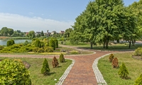 park w pełczycach wyłożony brukiem zittau w odcieniu czerwieni z niebieskimi akcentami